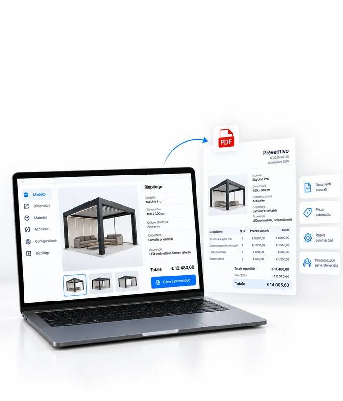 Illustrazione di un configuratore e di un documento di offerta per una struttura outdoor.