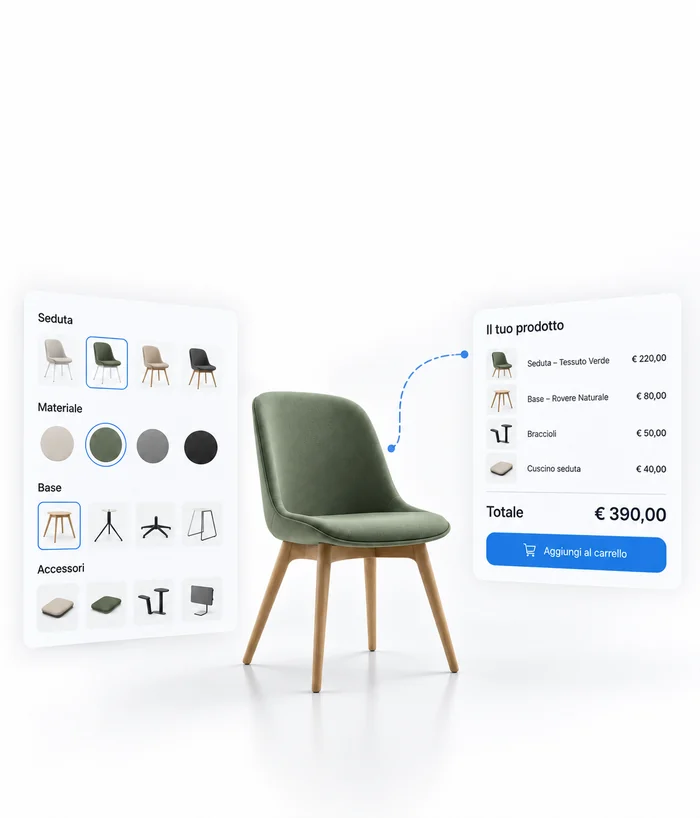 Illustrazione di una sedia con opzioni di personalizzazione e riepilogo del prezzo.