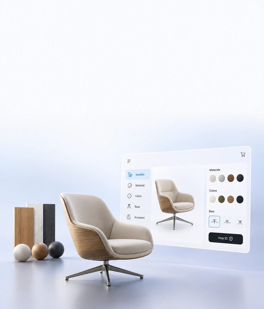 Illustrazione di una poltrona con un’interfaccia di personalizzazione di materiali e componenti.