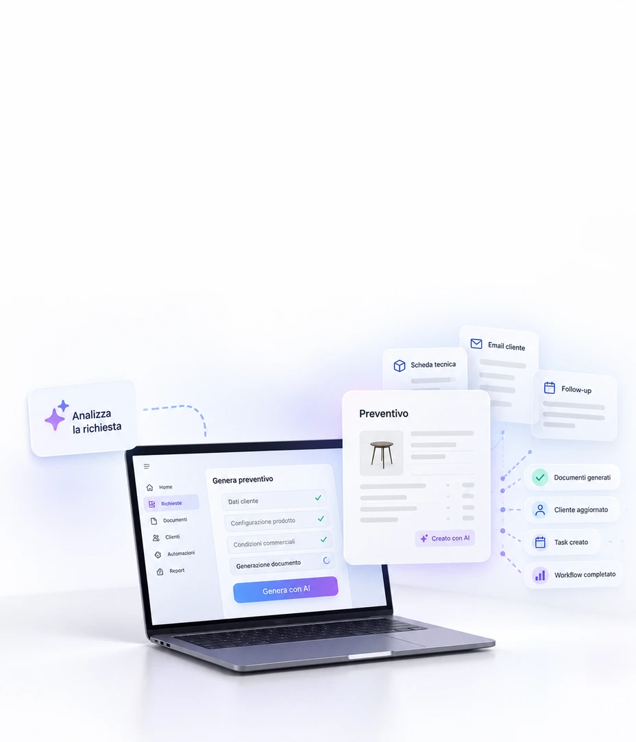 Illustrazione di un flusso AI che elabora richieste e prepara documenti commerciali.