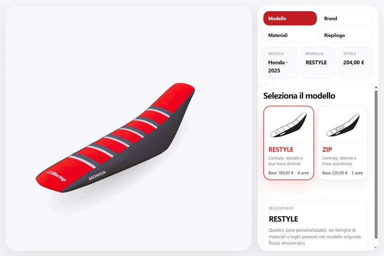 Anteprima reale della demo WDRacing con selezione di materiali e riepilogo esemplificativo.