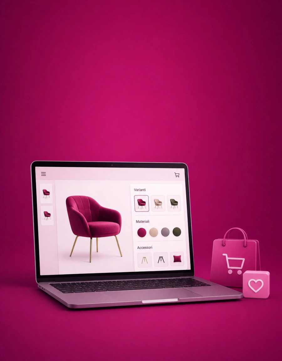 Configuratore e-commerce con anteprima prodotto e opzioni di personalizzazione